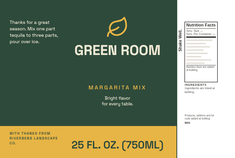 Green Room margarita mix label: a thank-you to clients from a landscaping company, on a 25 oz bottle.